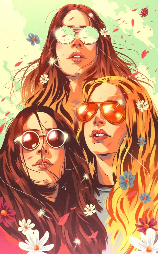 Illustrated portrait of three girls from the band Haim