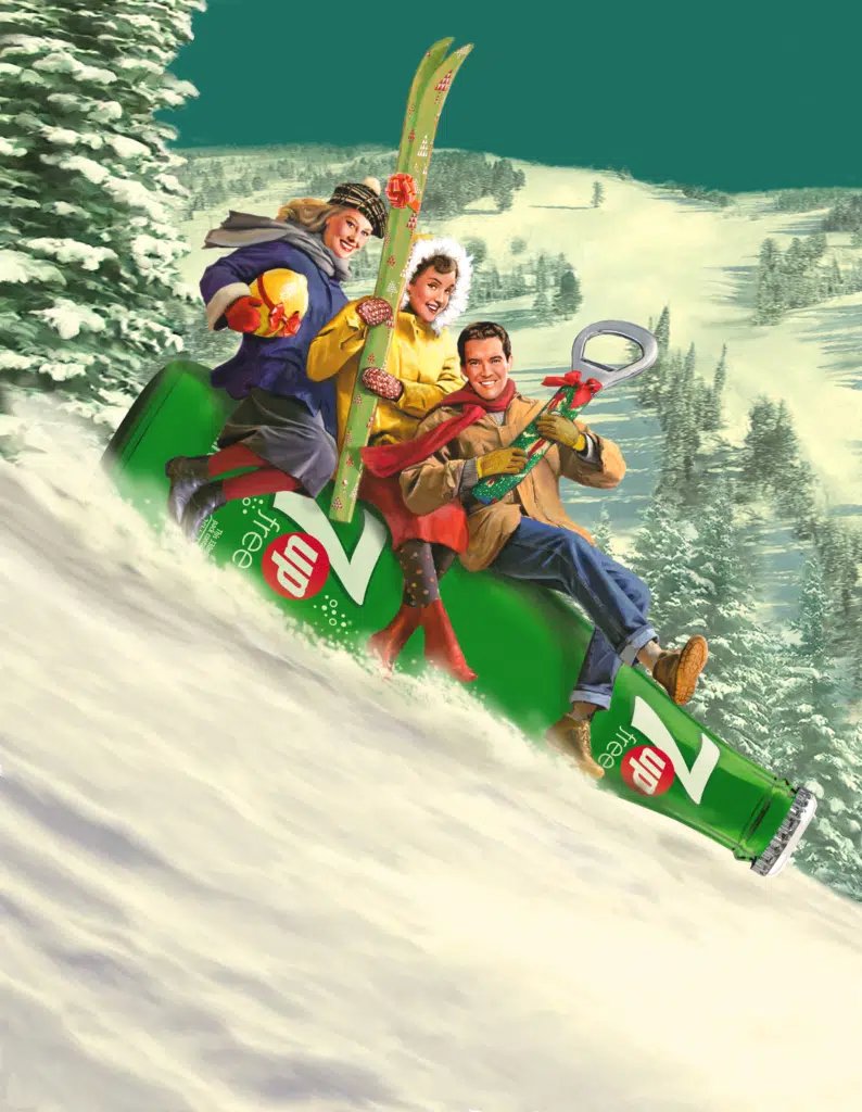 Retro illustration of three people on a 7up bottle