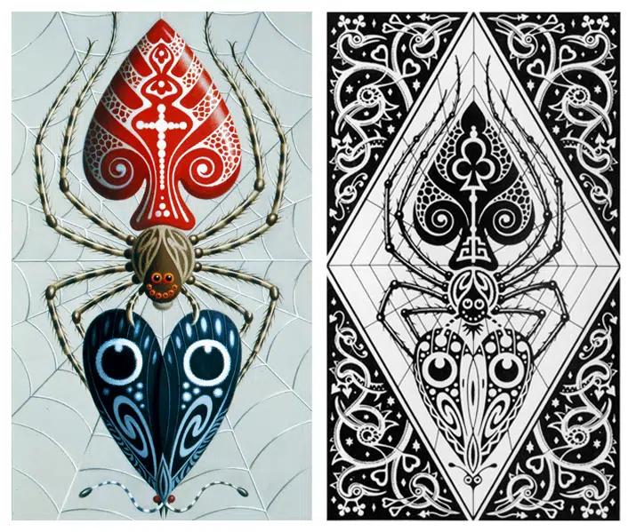 detailed illustrations for the joker and back design of a playing card