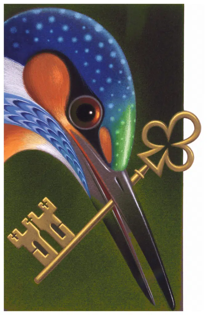 Illustrated Kingfisher holding a key
