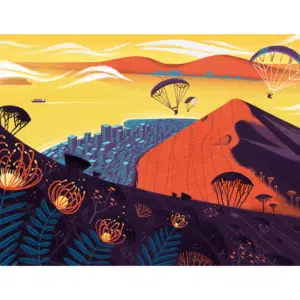 Brightly coloured illustration of a landscape, city scape and seascape with paragliders soaring overhead