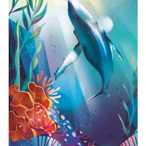Brightly coloured illustration of a whale underwater as see from below, with light streaming in through the water