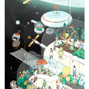 Conceptual, detailed illustration of a transparent spaceship in space. The interior of the spaceship shows people tending to a garden filled with plants of different shapes and sizes.