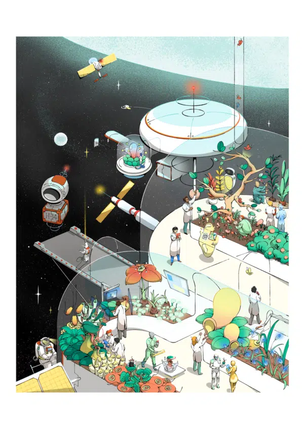 Conceptual, detailed illustration of a transparent spaceship in space. The interior of the spaceship shows people tending to a garden filled with plants of different shapes and sizes.