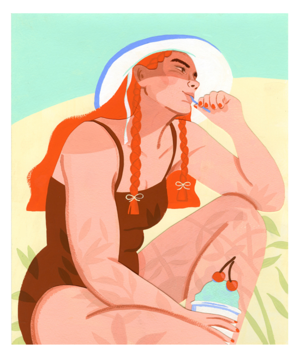 Illustration of a woman with red hair sitting in sunshine with shadows making patterns over her body