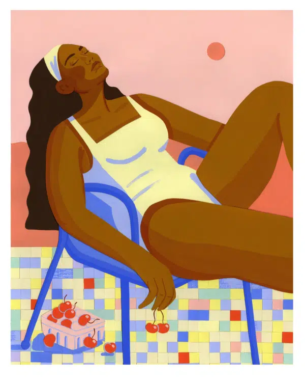 Illustration of a woman in a swimsuit sitting in the sunshine on a terrace